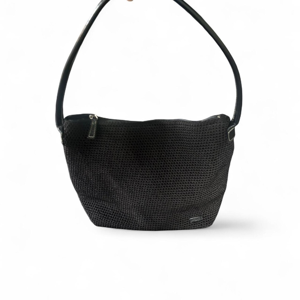 The Sak Black Crochet Hobo Shoulder Bag Woven Zip‎ Top Handbag Vintage Style